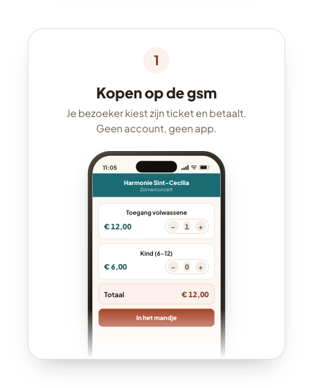 Een telefoon met de ticketshop: de bezoeker kiest zijn ticket en betaalt.