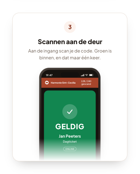 Een telefoon die aan de ingang een ticket scant en groen geeft.