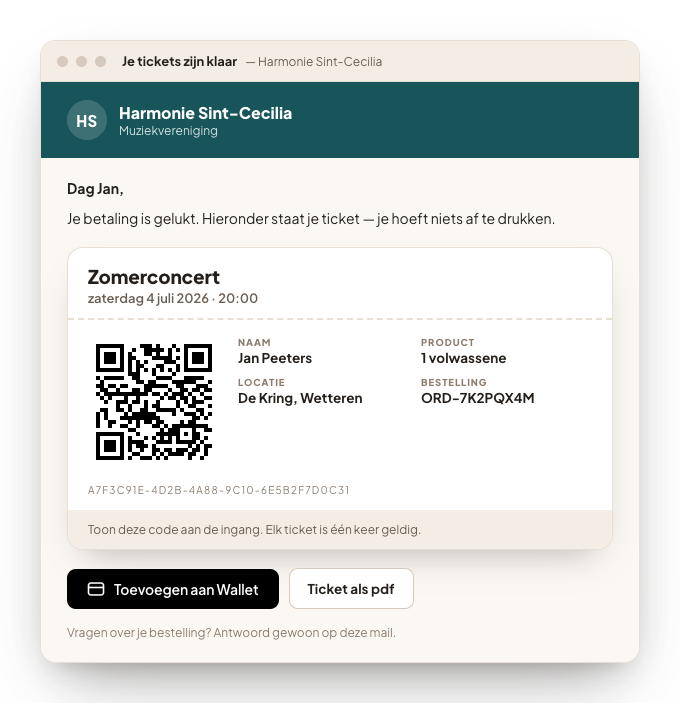 De bevestigingsmail met het e-ticket: de QR-code, de gegevens van het bezoek en een knop om het ticket in de wallet te zetten.