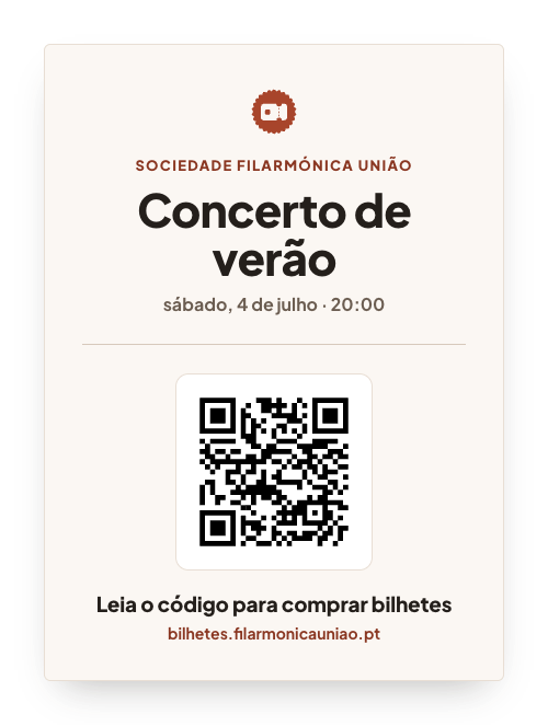Um cartaz de um concerto com um grande código QR e o convite a ler o código e comprar bilhetes.