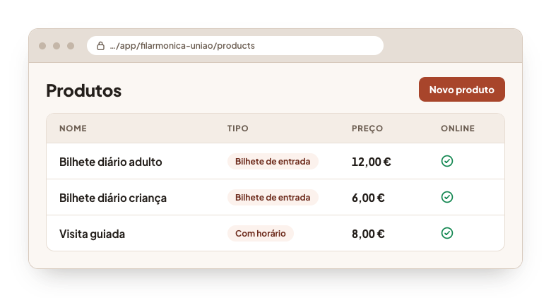 A gestão de produtos no painel de gestão: três produtos com o seu tipo, o seu preço e um visto a indicar que estão online.