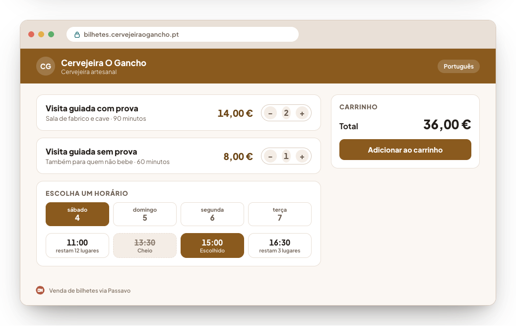 Uma janela de navegador num endereço de bilhetes próprio com um cadeado: a bilheteira online em página inteira, com as cores e o logótipo da cervejeira.