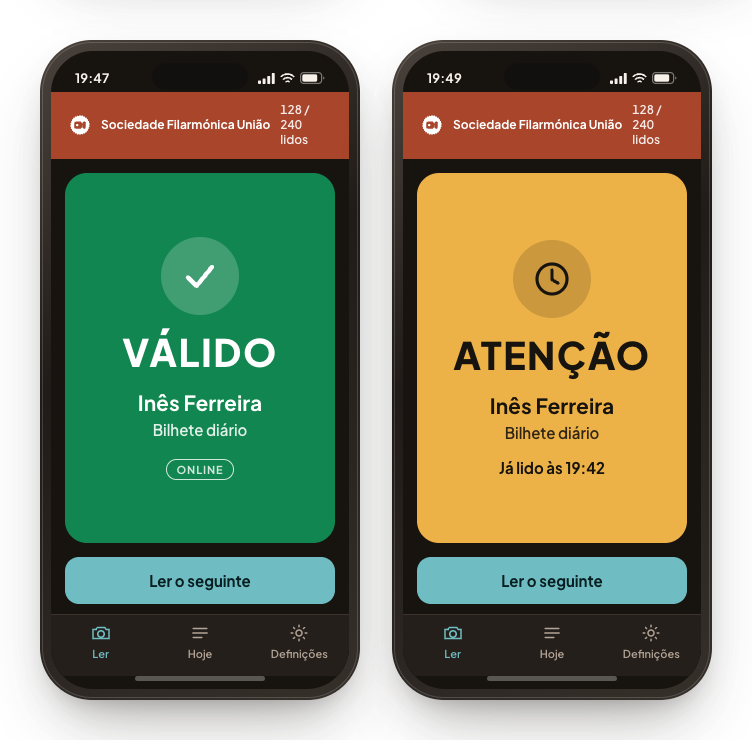 Dois telemóveis com a app de leitura: à esquerda um bilhete válido, à direita um bilhete que já foi lido.