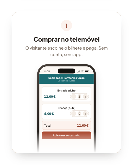Um telemóvel com a bilheteira online: o visitante escolhe o bilhete e paga.