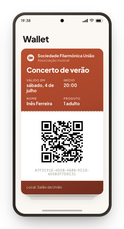 O mesmo passe da carteira num telemóvel Android, com o código QR em baixo.